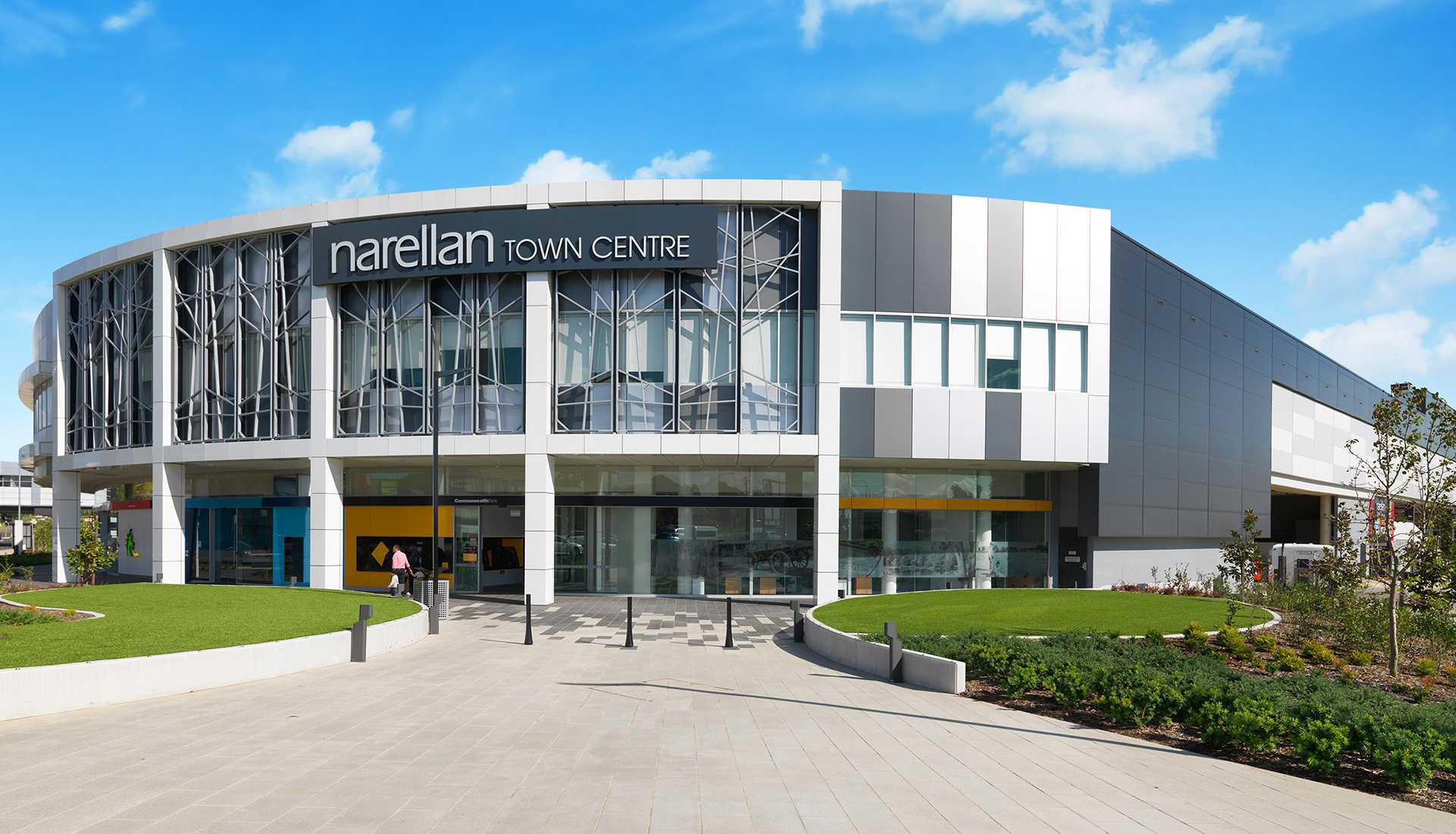 Narellan Town Centre COLORBOND steel facade Monument-Surfmist-Shale Grey