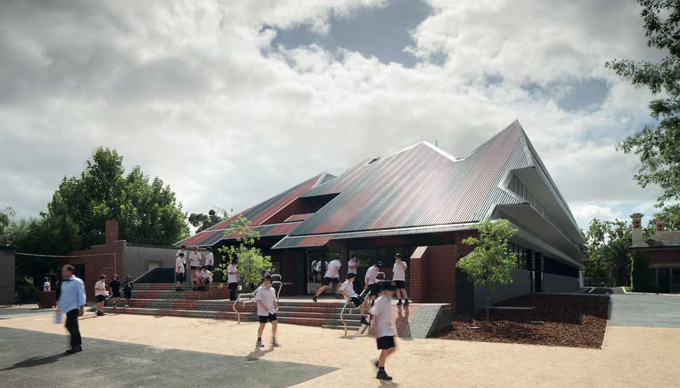 The SPANDEK® roof made from COLORBOND® steel in the colours Headland® and Monument® also nods to the home of the Essendon Football Club across the road, and creates a circus-marquee-meets-federation-grandstand aesthetic that is an ideal backdrop for a children’s playground.