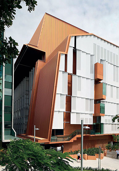 Pedestrian connections enhance access for TRI and hospital campus workers. The wall cladding made from COLORBOND® Metallic steel in the colour Copper Penny, in Stramit Speed Deck Ultra® profile, provides a textural and tonal contrast with the recycled bricks and rose glass