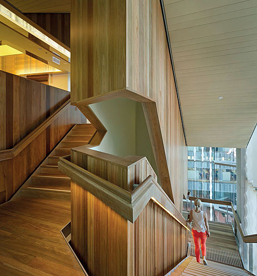 The placement of the elegantly thin central stairwell alongside the outdoor room means that vertical circulation provides additional opportunities to connect and communicate with colleagues.