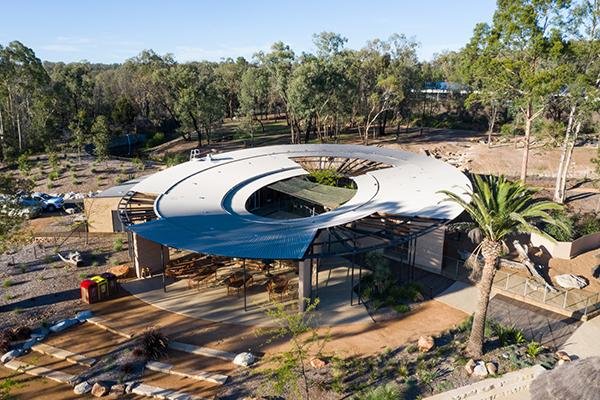 Waterhole cafe at taronga western plains zoo - architect jackson teece-colorbond steel architectural roofing- lysaght longline profile-circular applications