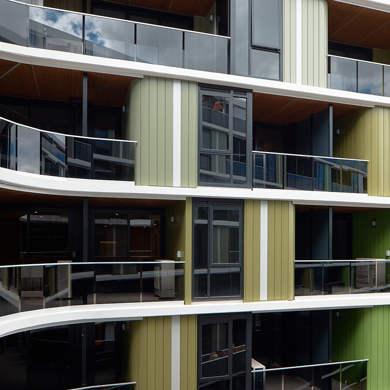 Sierra Apartments, Hawthorn, Victoria. Featuring five COLORBOND® steel colours, these carefully selected hues reflect the changing seasonal tones of Hawthorn's iconic tree-lined streets.