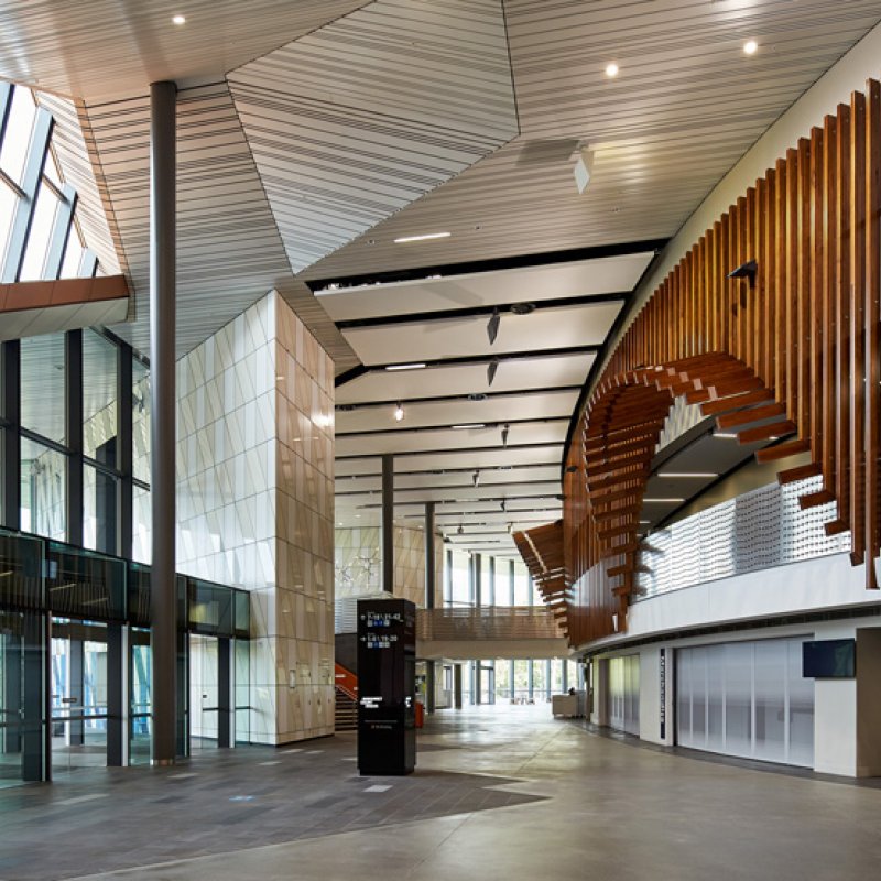 Low-rise, slender compression and light- filled circulation zones feature in the main foyer