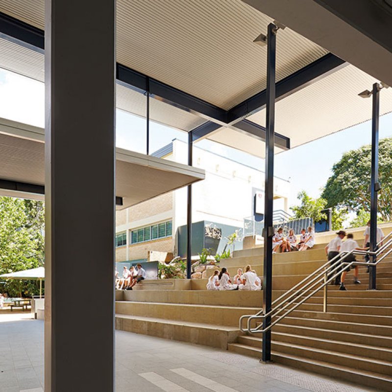 Crisply detailed canopies provide shade and shelter to the amphitheatre