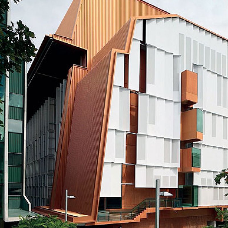 Pedestrian connections enhance access for TRI and hospital campus workers. The wall cladding made from COLORBOND® Metallic steel in the colour Copper Penny, in Stramit Speed Deck Ultra® profile, provides a textural and tonal contrast with the recycled bricks and rose glass