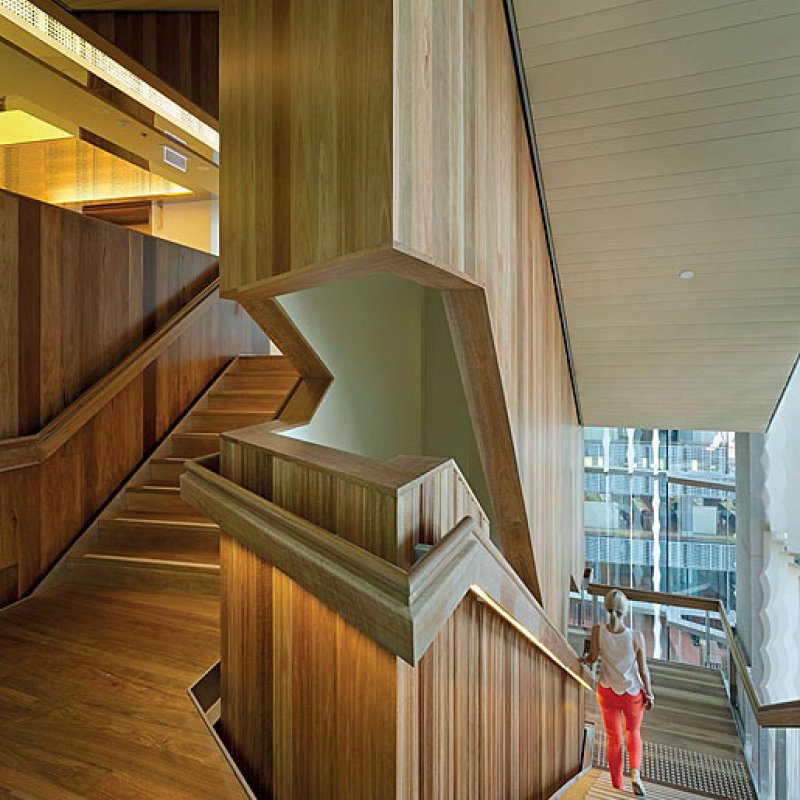 The placement of the elegantly thin central stairwell alongside the outdoor room means that vertical circulation provides additional opportunities to connect and communicate with colleagues.