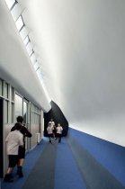The steel ‘sausage’ extrusion of the Nicholson Street profile creates an unusual roof line and engaging spaces inside, particularly on the upper-level where classrooms with curved ceilings are painted in a vivid blue colour scheme to create a “floating in the clouds” experience for Year 6 students. 